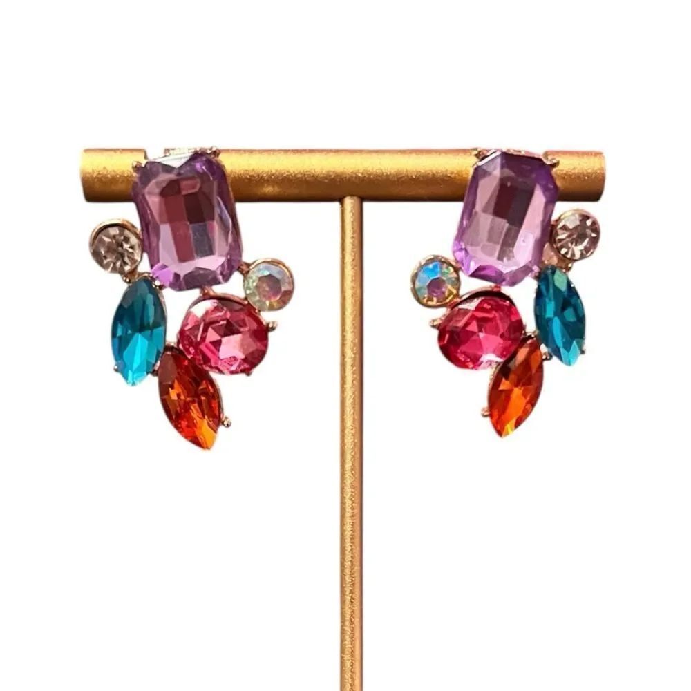 💎2/$30💎 Elegant Multicolor Gemstone Crystal Gold Tone Stud Earrings
